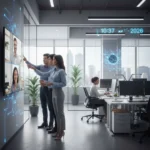 Professionals collaborating in a hybrid work environment, blending office and remote interaction.