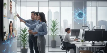 Professionals collaborating in a hybrid work environment, blending office and remote interaction.
