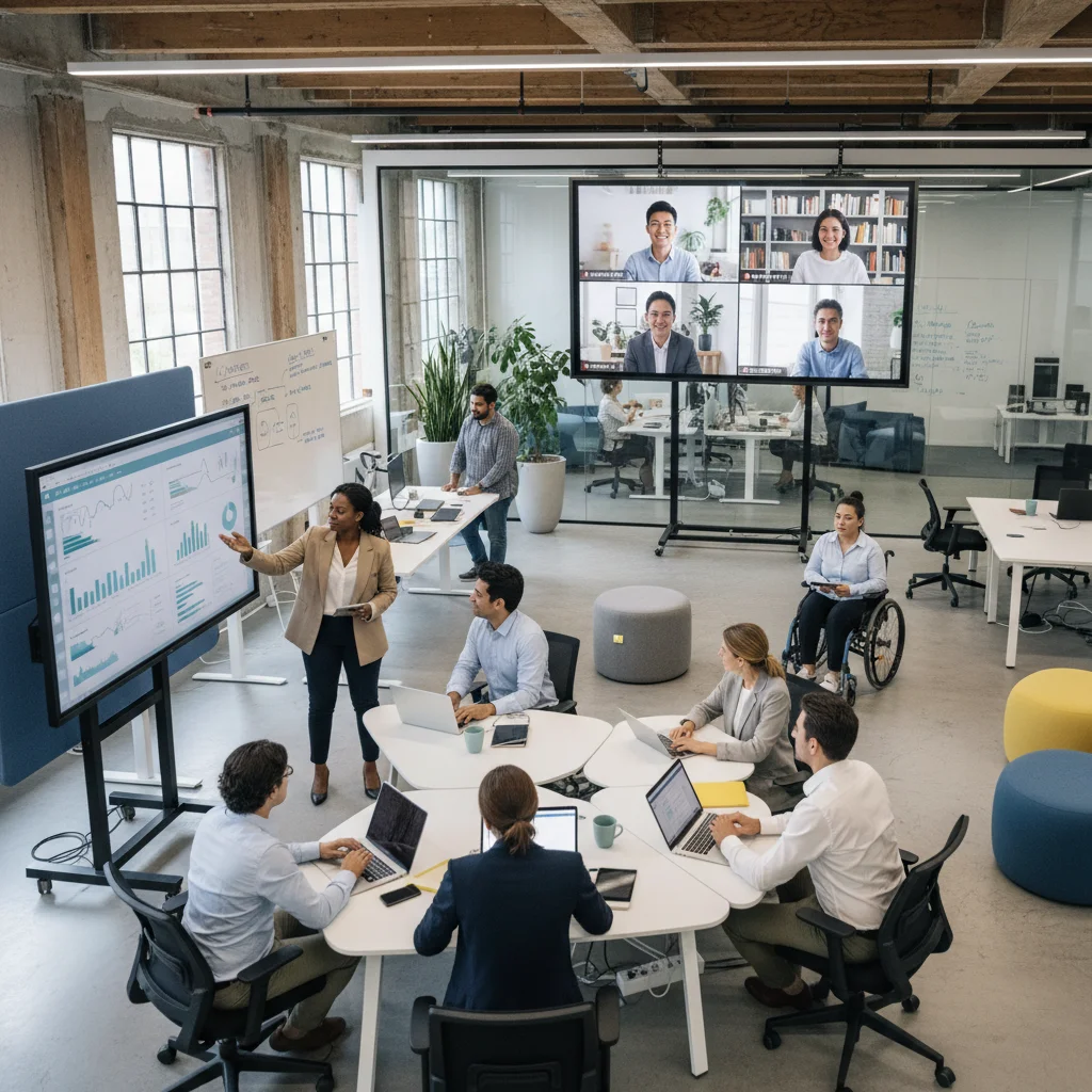 Diverse professionals collaborating in a hybrid work environment, with remote participants on screens.