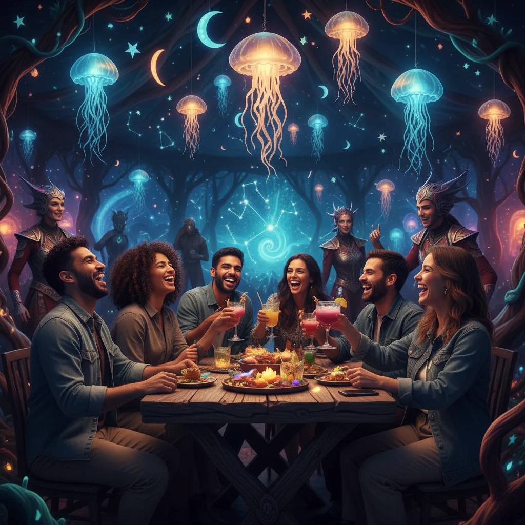 Friends enjoying an immersive themed pop-up event, laughing and engaging in shared experience.