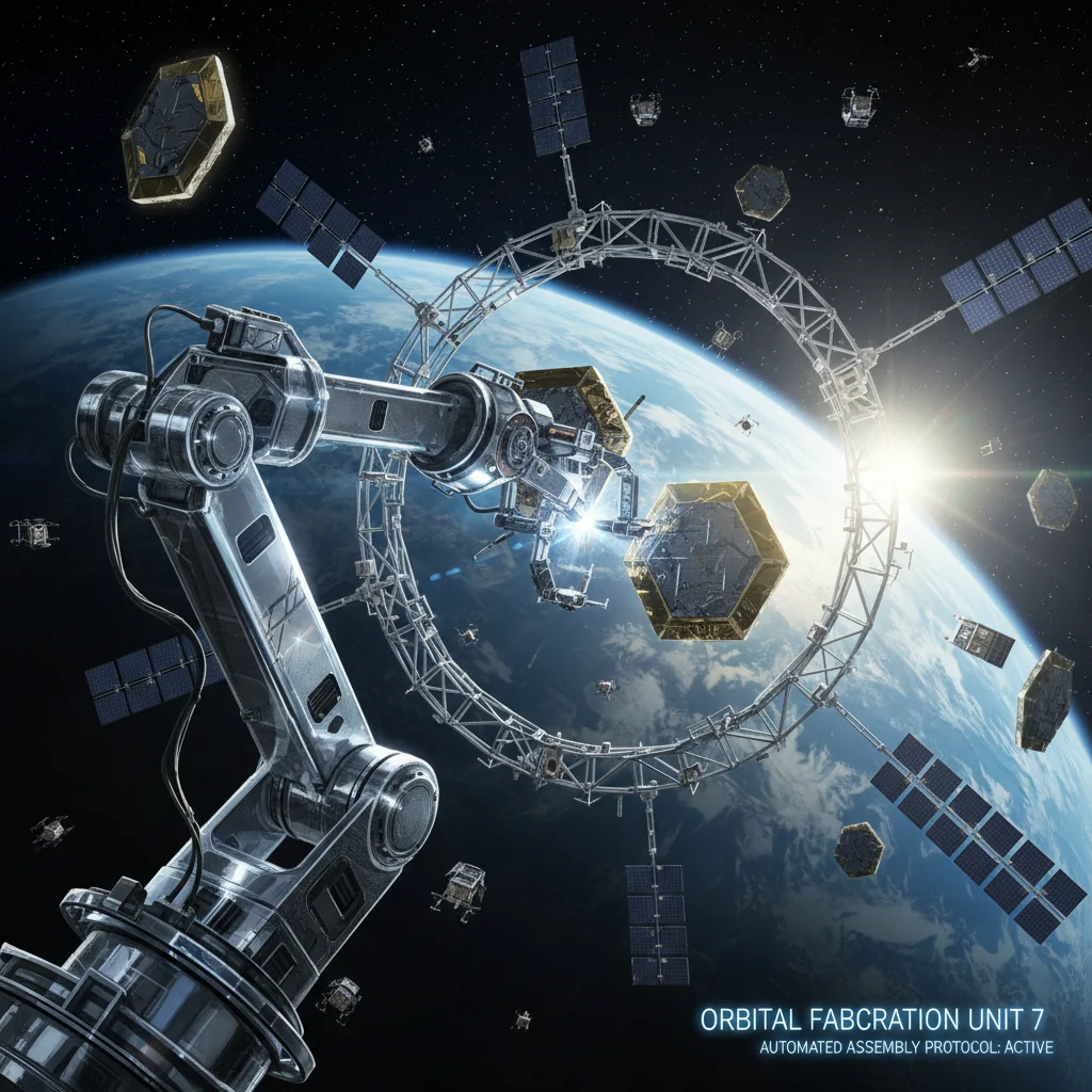 Robotic arm in space assembling components for a space station.