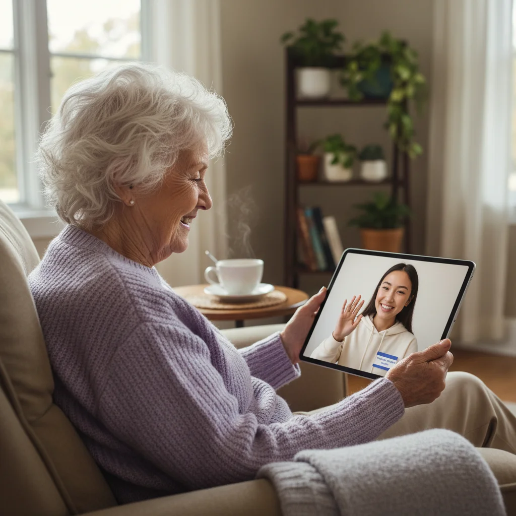 Elderly woman video calling with a young volunteer, symbolizing intergenerational connection and digital inclusion.