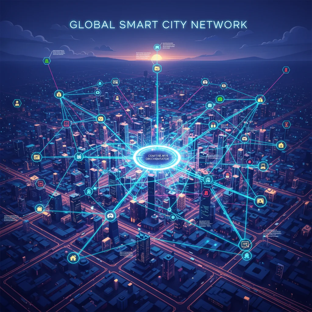 Intricate IoT network map showing interconnected sensors and data streams in a smart city.
