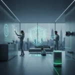 Futuristic smart home with digital shield representing IoT security in 2026
