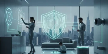 Futuristic smart home with digital shield representing IoT security in 2026