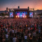 Energetic crowd at a live music festival, hands raised, colorful lights, American entertainment event.
