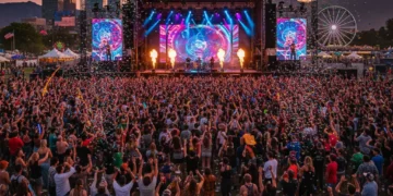 Energetic crowd at a live music festival, hands raised, colorful lights, American entertainment event.