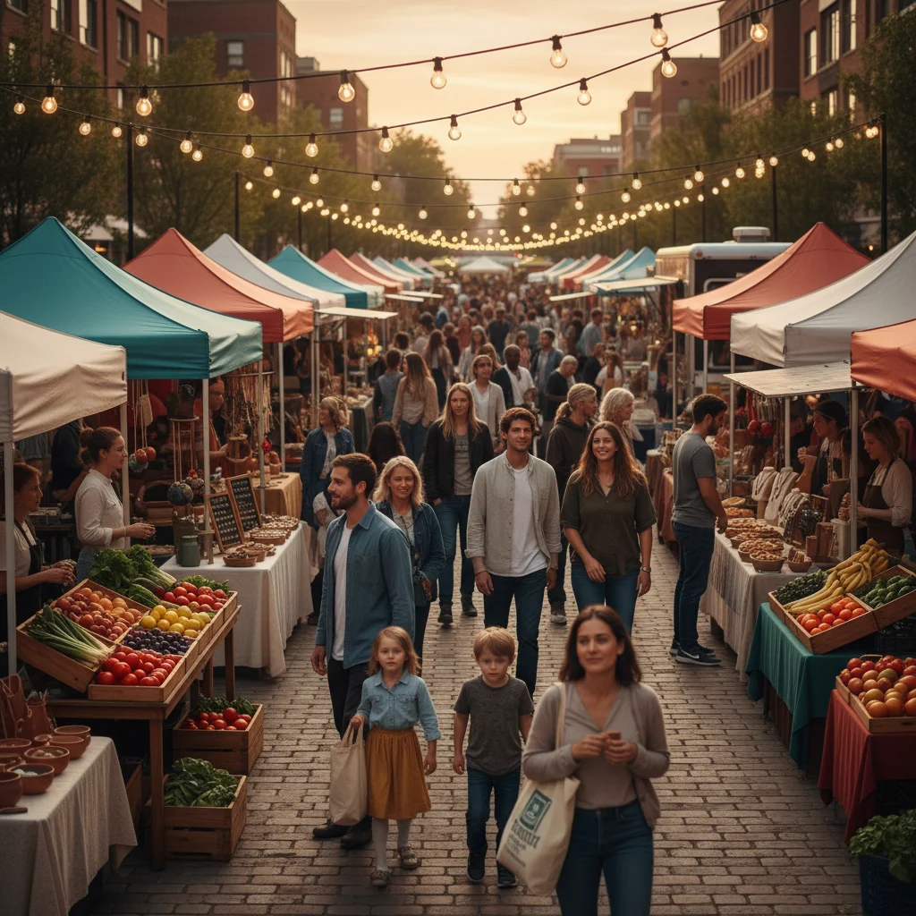 Bustling community outdoor market with local vendors and shoppers