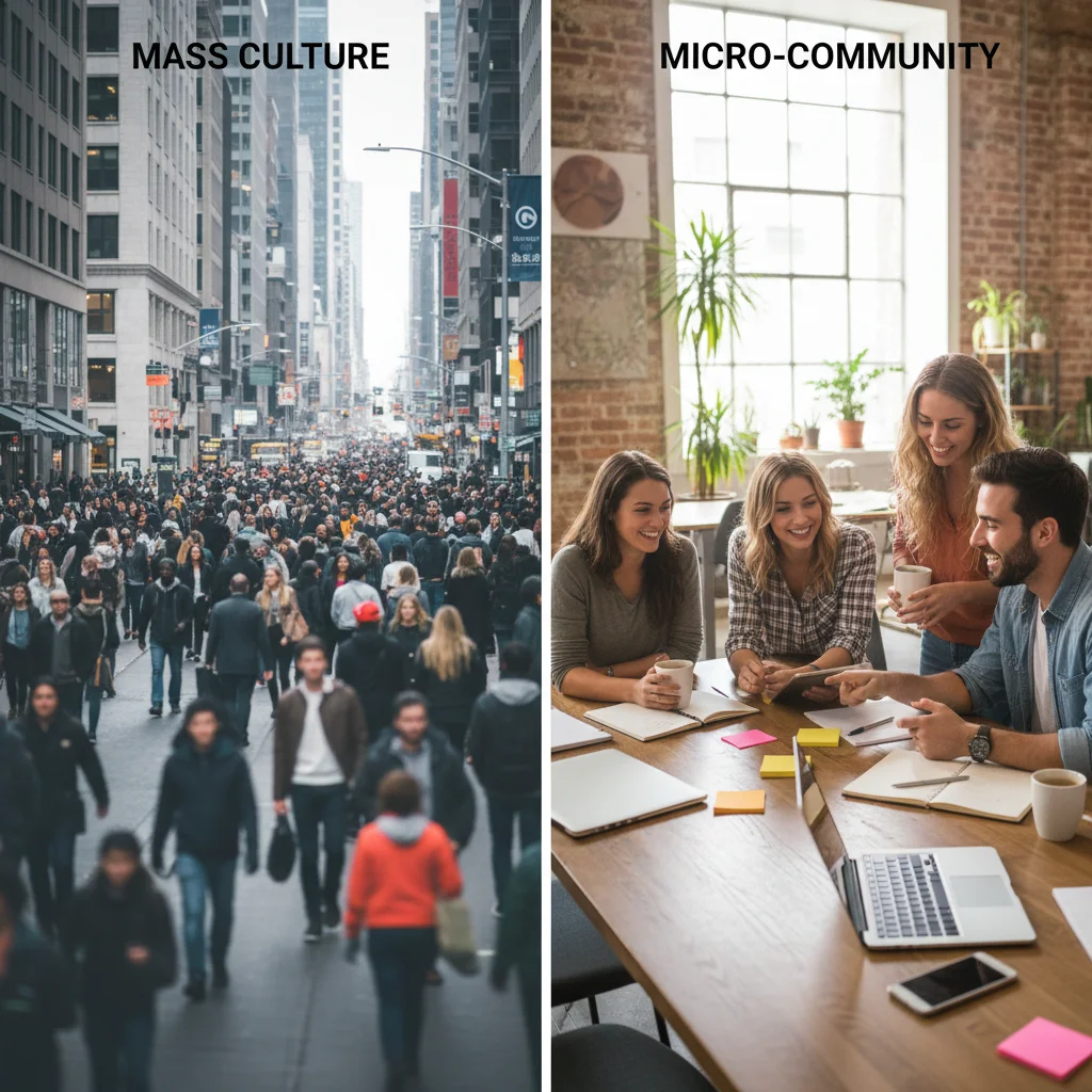 Comparison of anonymous urban crowd with a close-knit group collaborating, symbolizing the shift from mass culture to micro-community focus.