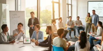 Diverse individuals in workplace and school settings fostering mental well-being and open communication.