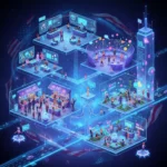 Futuristic metaverse cityscape with diverse avatars interacting, symbolizing American society in 2026.