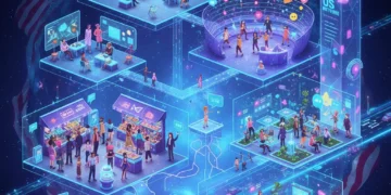 Futuristic metaverse cityscape with diverse avatars interacting, symbolizing American society in 2026.
