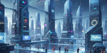 Futuristic metaverse cityscape with digital avatars and financial data, representing the U.S. business impact.