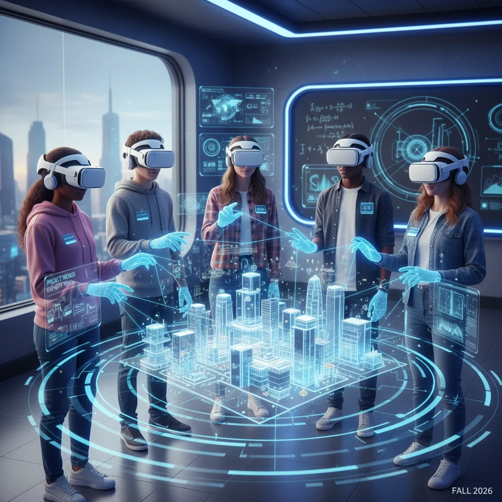 Students in VR headsets collaborating in a virtual classroom, showcasing metaverse education.