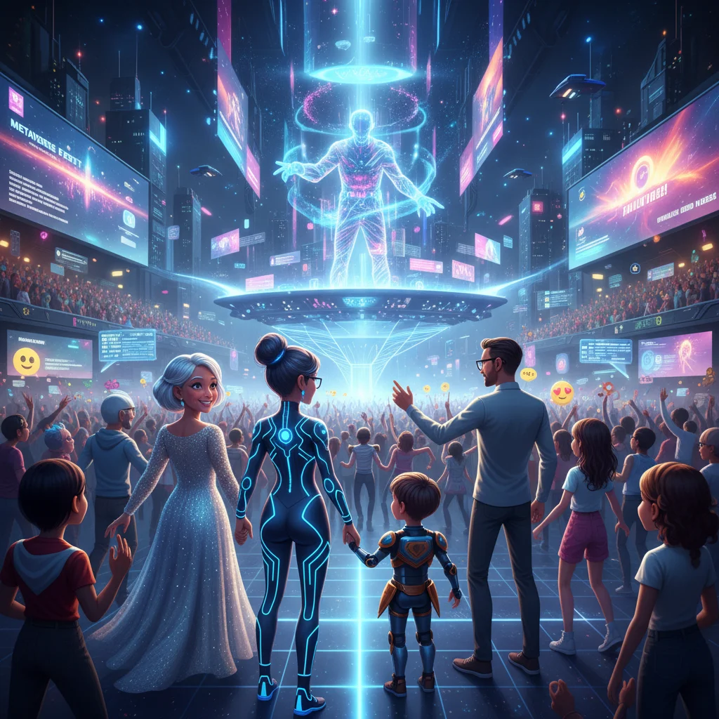 Family avatars at a virtual concert in the metaverse, representing future entertainment.