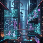 Metaverse Business Models 2026: US Innovators' Guide to Emerging Opportunities Futuristic metaverse city with digital transactions and interacting avatars