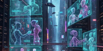Futuristic metaverse city with digital transactions and interacting avatars