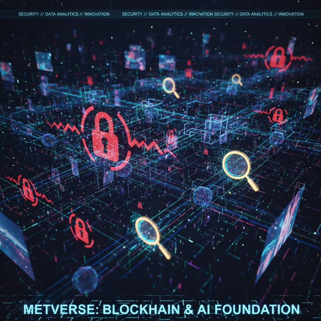 Intricate network of data lines and nodes representing metaverse infrastructure, security, and data challenges.