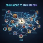 Illustration of diverse individuals forming interconnected micro-communities across the USA, symbolizing mainstream cultural shift by 2026.