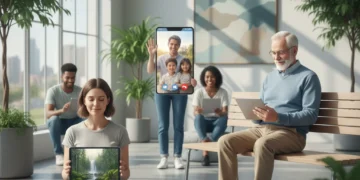 People mindfully interacting with technology in a balanced way, promoting digital wellness.