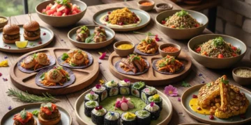Diverse modern food dishes showcasing American dining trends 2026