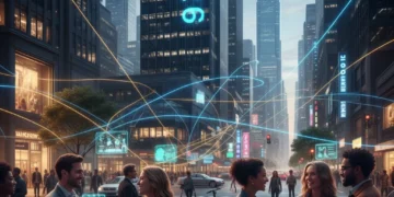People connecting through technology and in-person, illustrating modern friendships in the US.