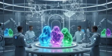 Scientists analyzing advanced next-gen materials in a high-tech lab