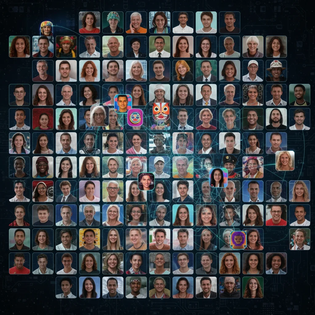 Digital mosaic of diverse online profiles and avatars, reflecting curated self-presentation.