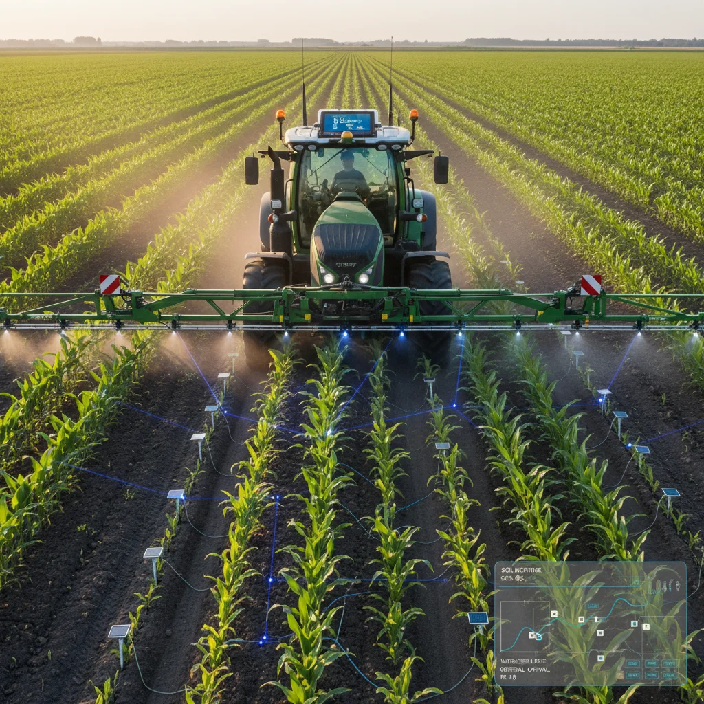 Precision agriculture technology in action, showing smart tractor and soil sensors for optimized farming.