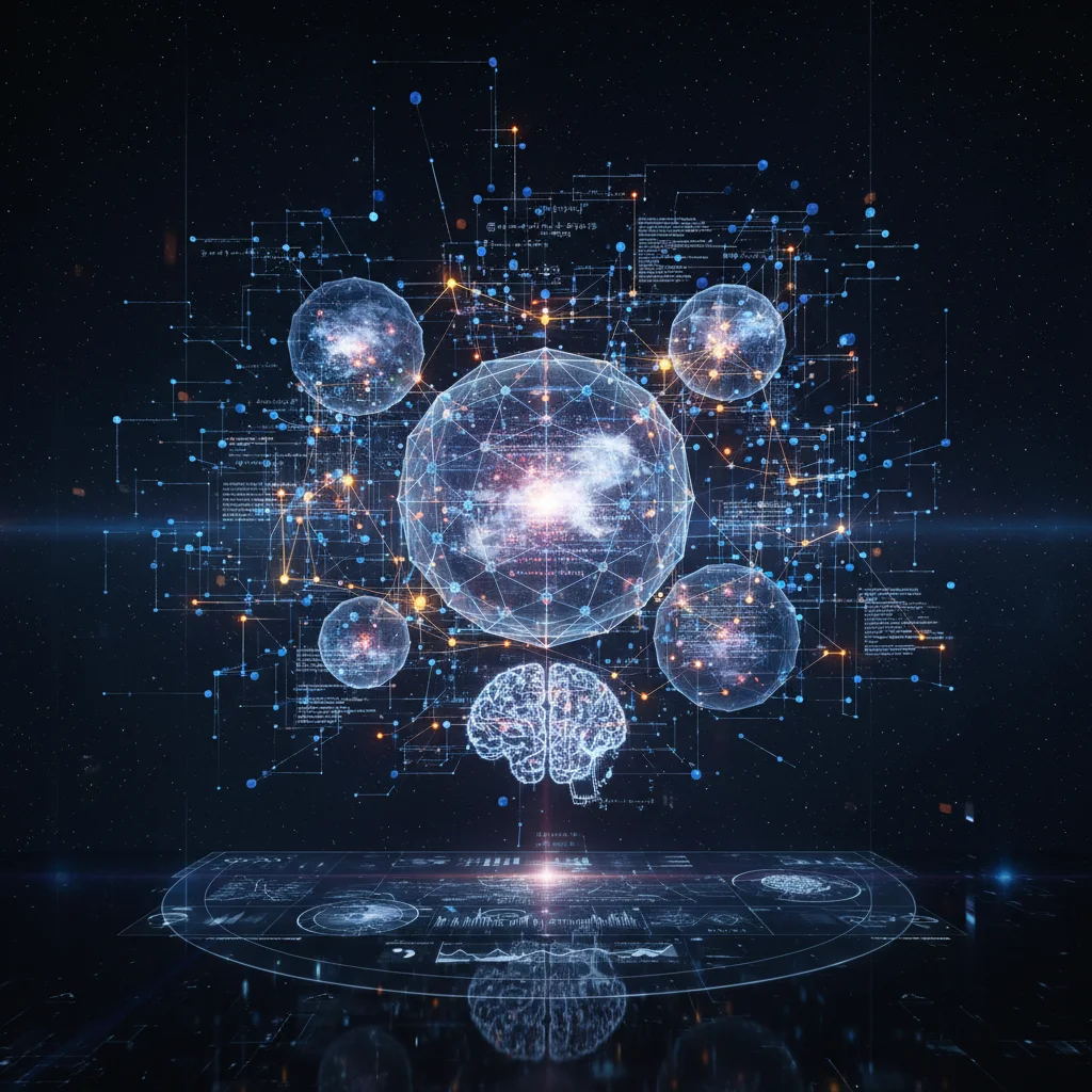 Intricate network of data points and algorithms in predictive analytics