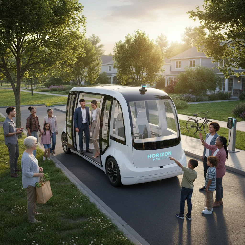 Passengers boarding a modern autonomous shuttle in a suburban environment, showing public acceptance.