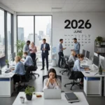 Disengaged office workers quietly performing minimum tasks in a modern workplace setting, representing quiet quitting in 2026.