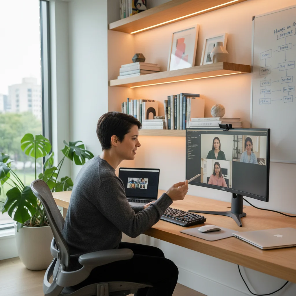 Employee focused in a home office during a video conference, illustrating remote productivity.