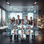 Diverse team collaborating virtually on a large screen, representing remote work dynamics in 2026.