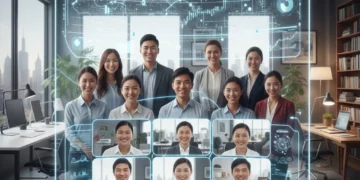 Diverse team collaborating virtually on a large screen, representing remote work dynamics in 2026.