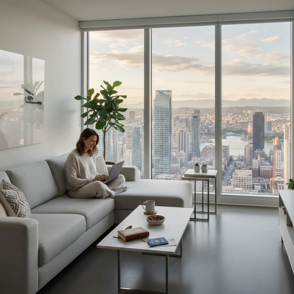Person working remotely in a modern apartment, symbolizing financial freedom and flexibility