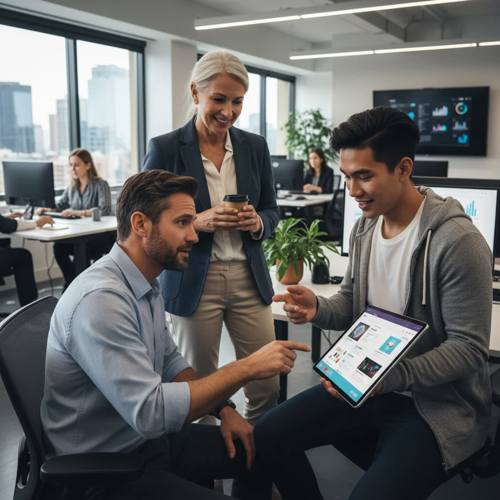 Younger employee teaching older manager new technology in an office setting.