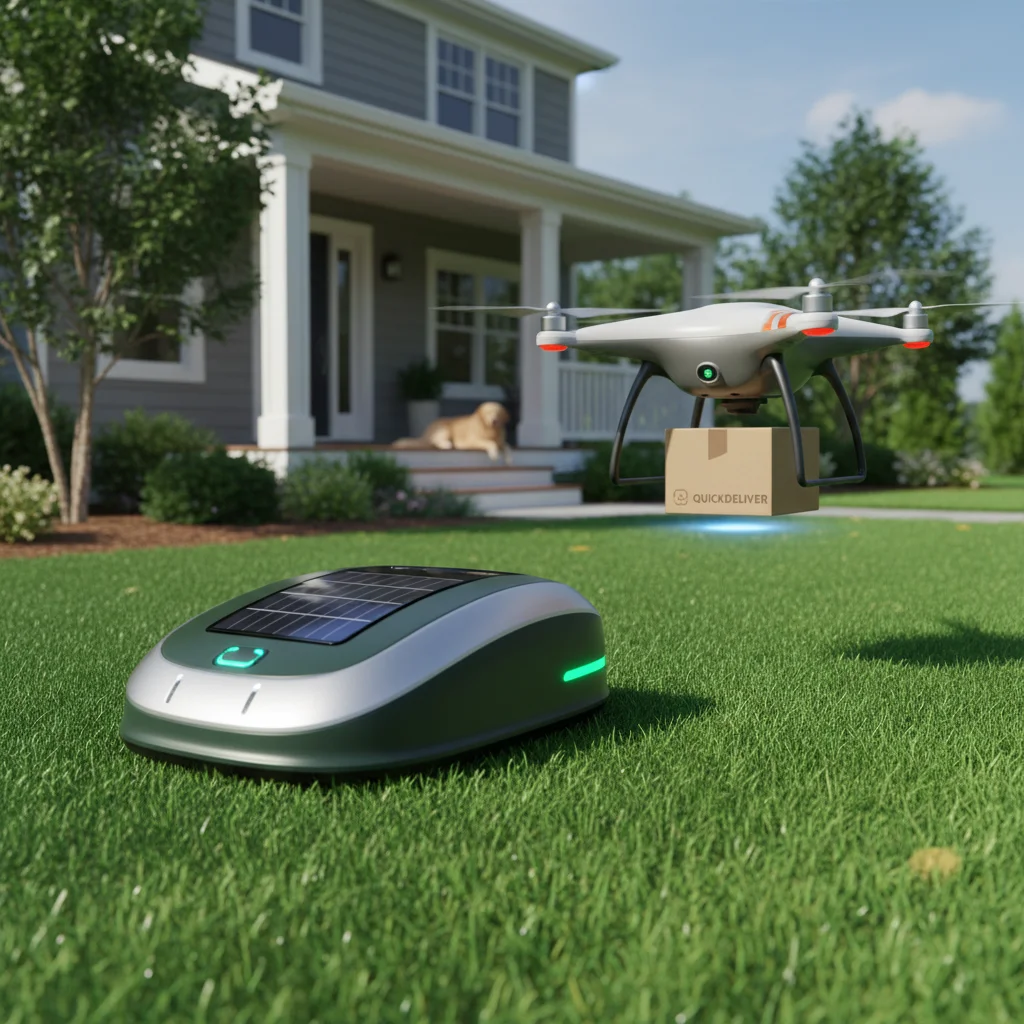 Robotic lawnmower and delivery drone operating in a suburban home setting, showcasing outdoor automation.