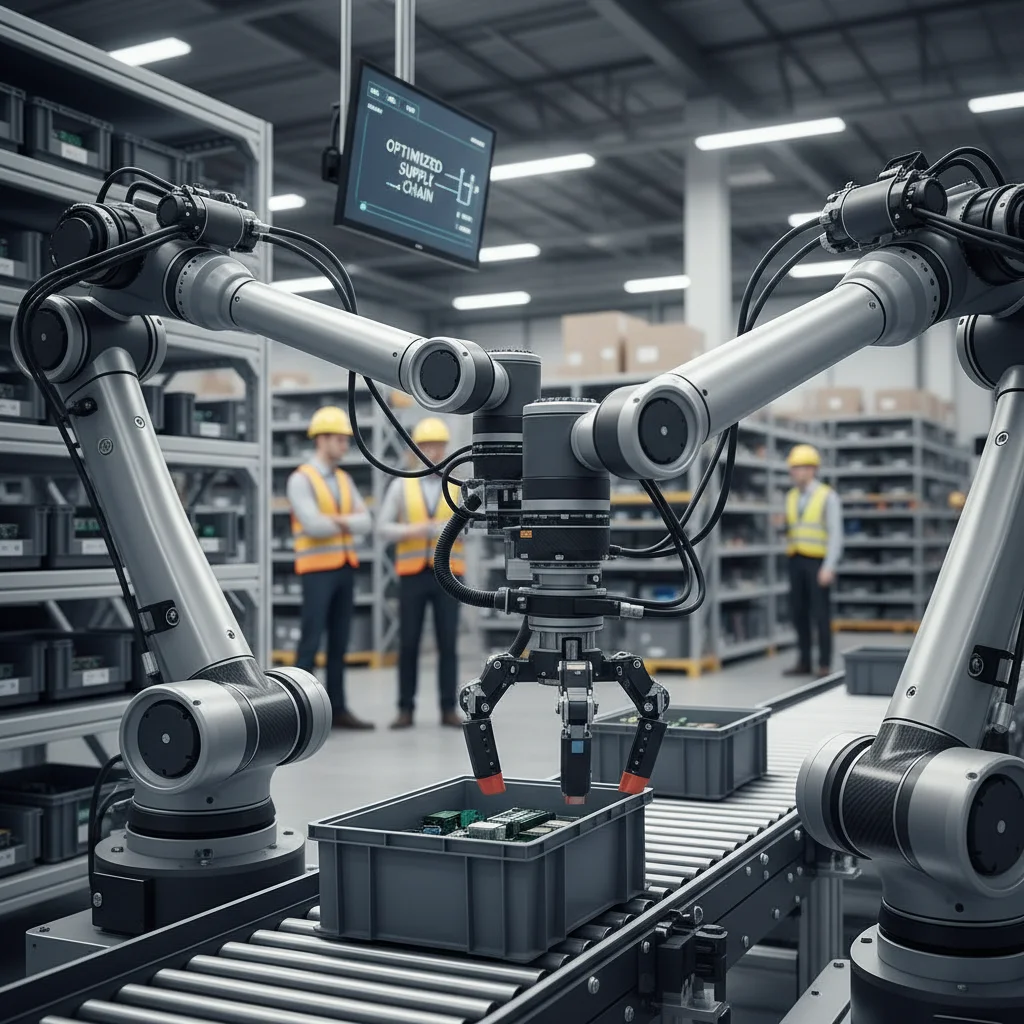 Robotic arm performing precise pick-and-place tasks in a modern warehouse, demonstrating logistics automation.