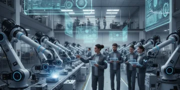 Advanced robotic arms working collaboratively on a factory floor, symbolizing manufacturing efficiency and innovation.