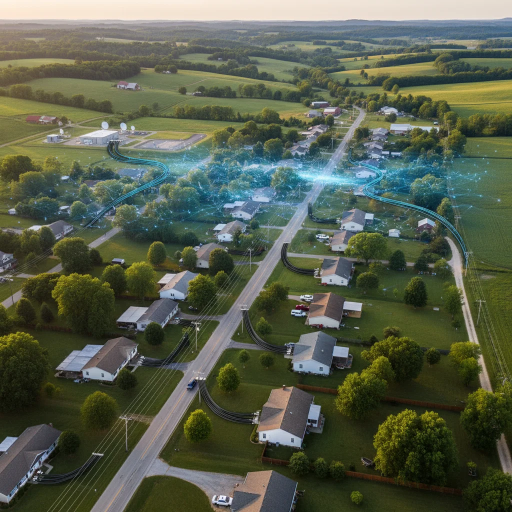 Aerial view of a rural American town with new fiber optic internet infrastructure.