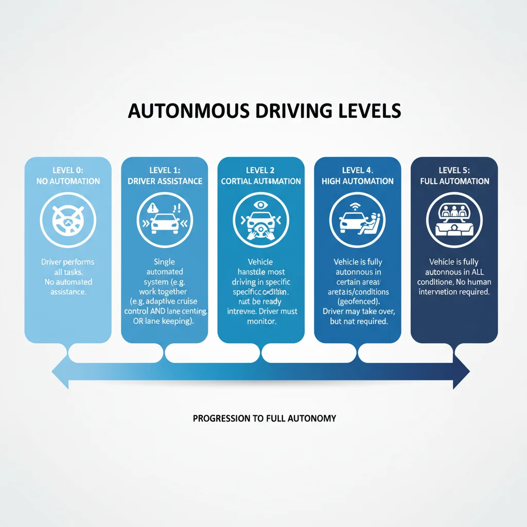 Infographic depicting the SAE levels of autonomous driving, from no automation to full automation.
