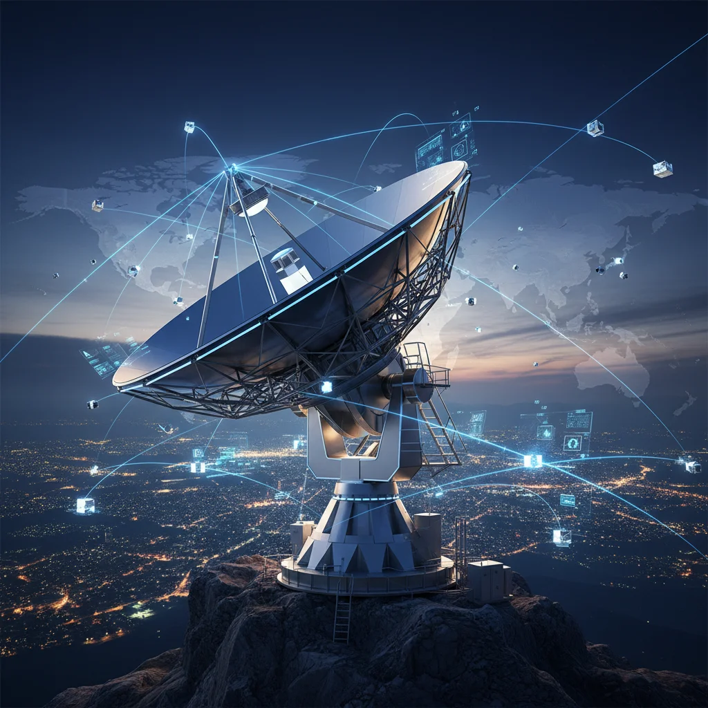 High-speed satellite internet dish connecting to orbital constellation.