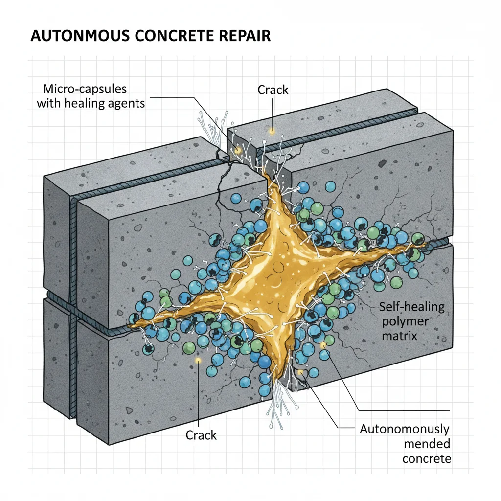 Self-healing concrete repairing a crack with embedded capsules