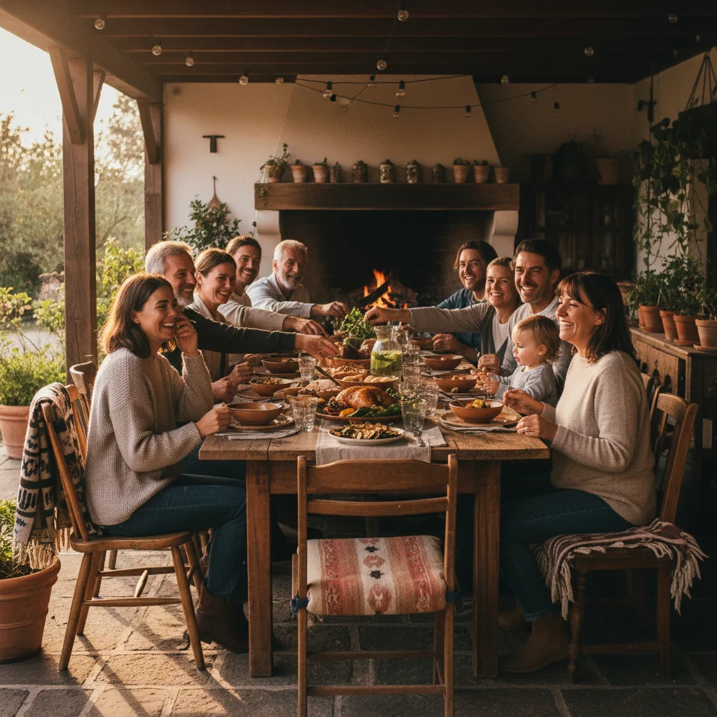 Multi-generational group enjoying a shared meal, representing the value of relationships and shared experiences
