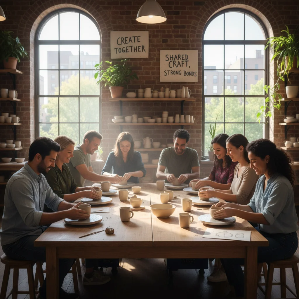 Adults collaborating in a skill-building workshop, fostering social connections through shared learning experiences.