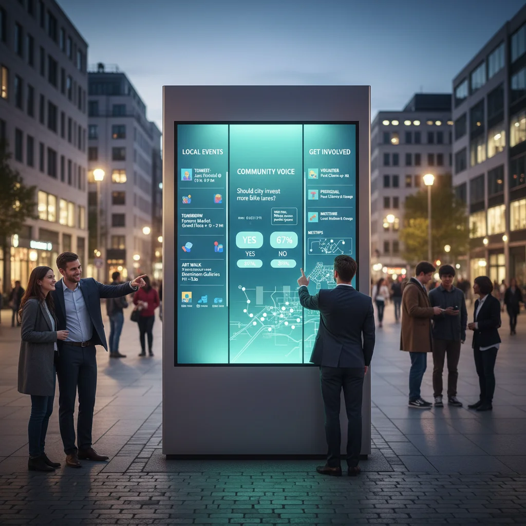 Public digital display showing civic engagement and local event information in a bustling city square, highlighting smart city technology.
