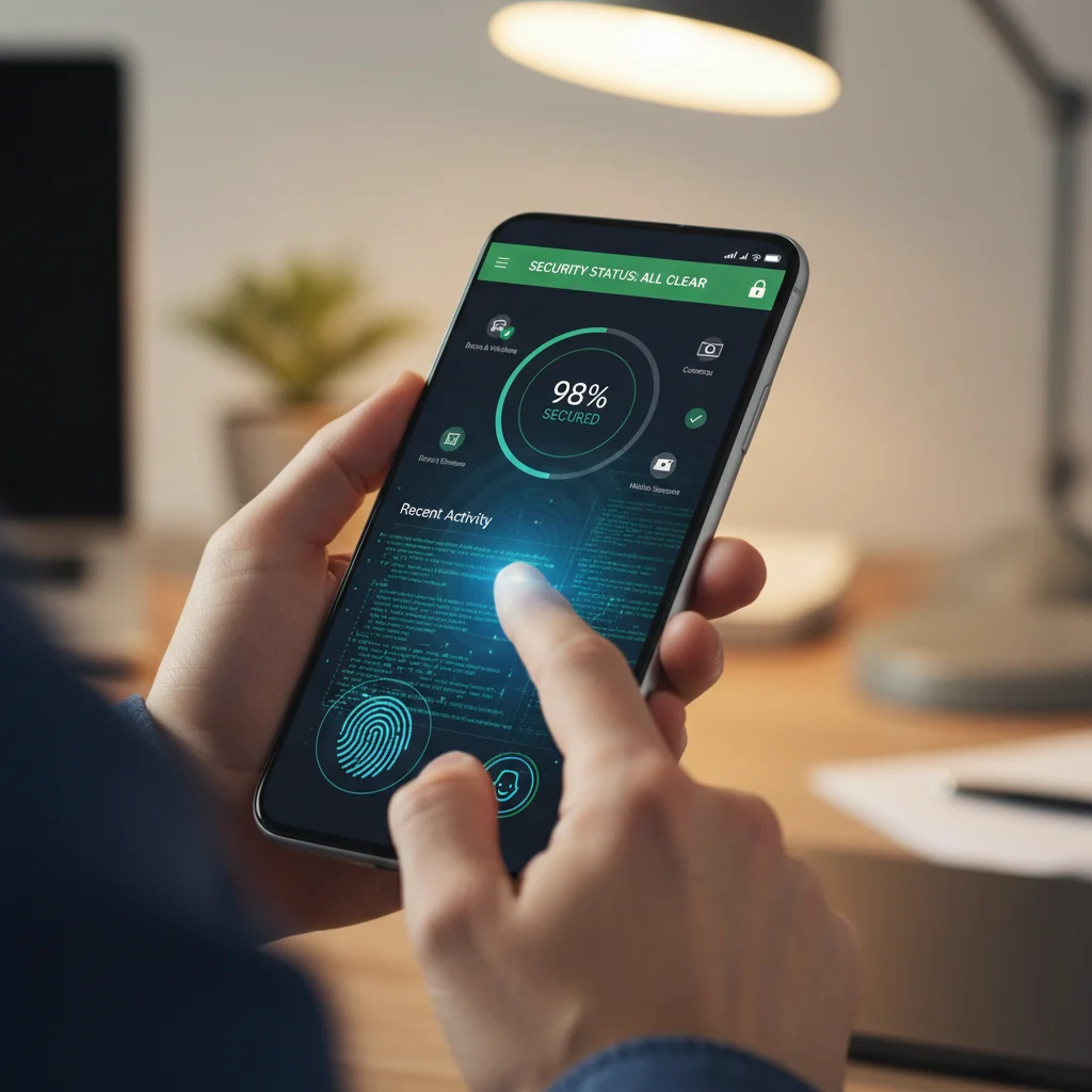 Person securing smart home devices via mobile app with biometric authentication