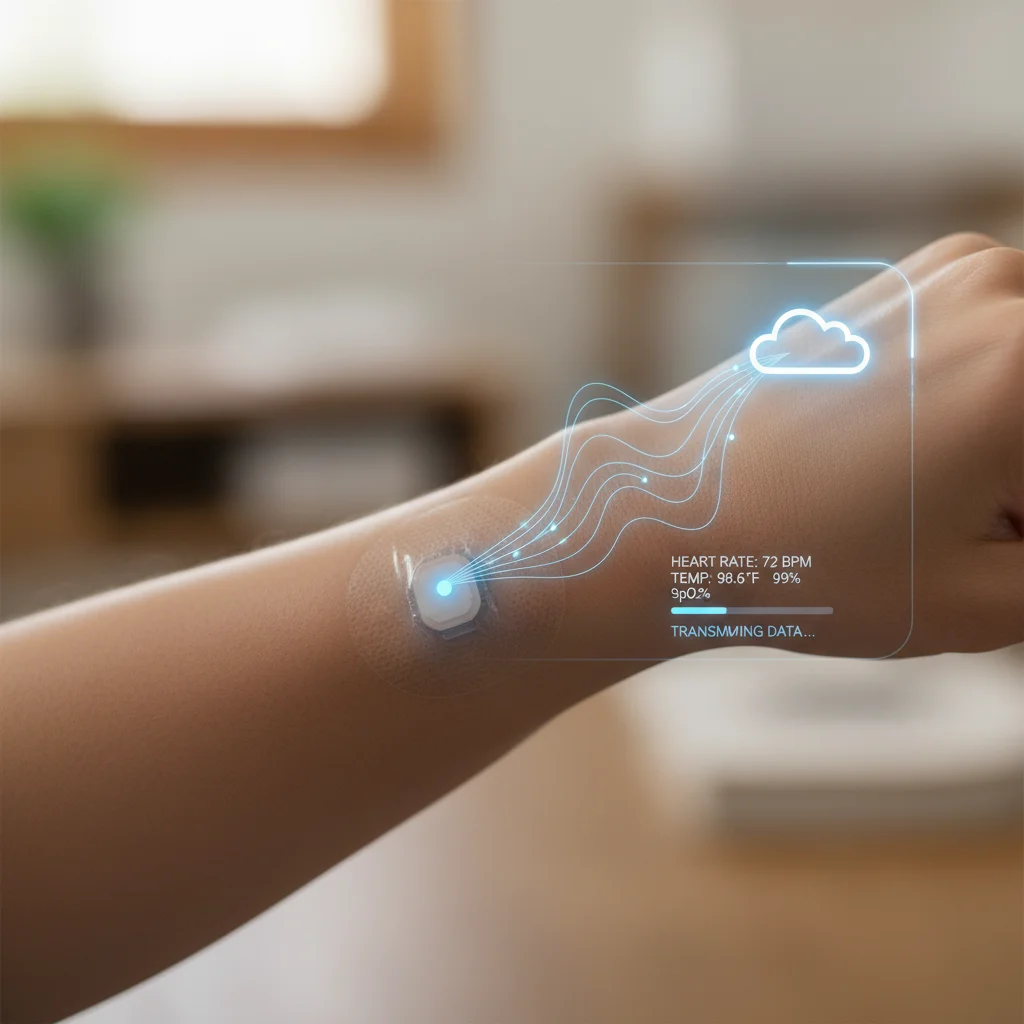 Smart wearable patch discreetly monitoring vital signs on an arm