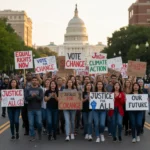 Social Activism's Future: Grassroots Movements & US Policy in 2026 Diverse activists marching with signs towards the US Capitol, symbolizing grassroots influence on policy.